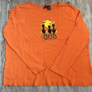 Halloween T-Shirt 2X Orange and Black Cats Moon Vintage Long Sleeve Spooky